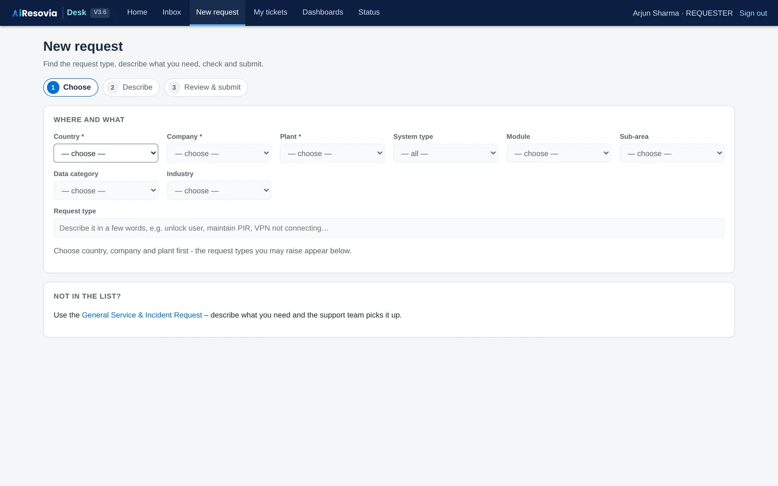 The New request page with the request catalogue